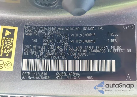 2018 Toyota Highlander Xle from USA, damaged, VIN 5TDJZRFH1JS547160